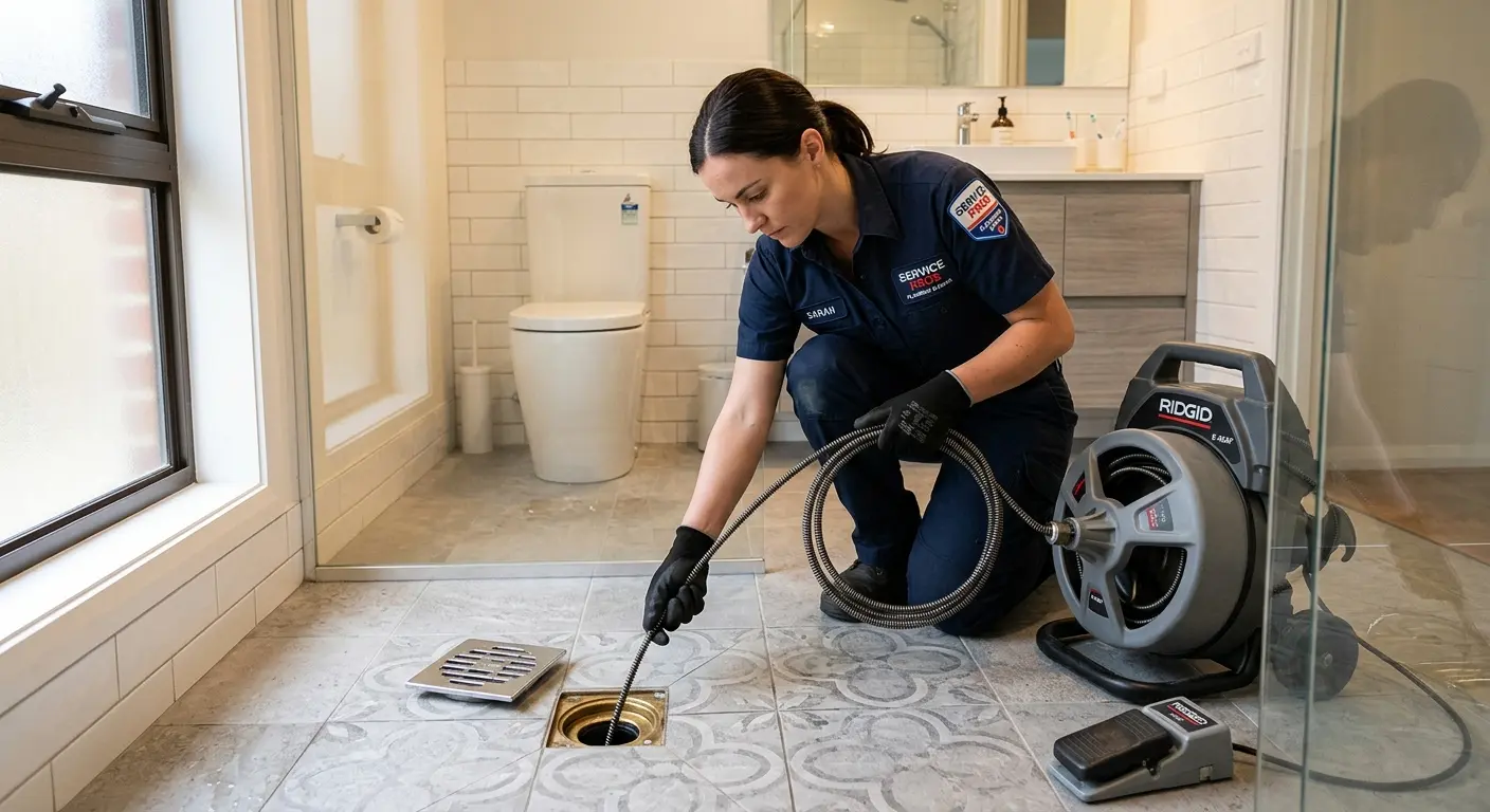 Technician clearing a bathroom floor drain for Sewer Line Installation in Payson